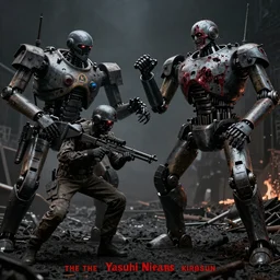 Black Light Movie Poster, Soviet Chinese Yasushi Nirasawa Style Zombie Soldiers Fight US German Military Syd Mead Style Robots, beautiful aesthetic, photorealistic, volumetric lighting, hyperrealistic, octane render, HDR, photorealistic, bokeh