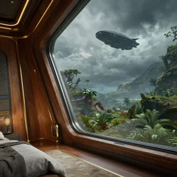 angled tilted closeup to a corner in a futuristic confy bedroom, with wood and gold details and a huge futuristic glass window overlooking a lush alien planet environment from ps 5 returnal game, a black ship in the sky, environmental lighting, moody weather and alien skies, ray tracing, amazing view, highly detailed,, octane render, unreal engine 5, 4 k
