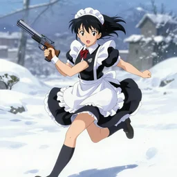 portrait of anime maid maid dress with gun in hands running winter, anatomically correct!! by greg rutkowski, key visual, kyoto animation, makoto shinkai, studio ghibli pixiv, sharp, detailed, high quality, award winning