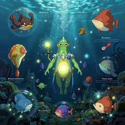 underwater life, infographic with illustrations, glowing lights, epic fantasy, digital art, highly saturated colors, concept art, detailed illustration, hd, 4 k, digital art, greg rutkowski, studio ghibli trending on artstation