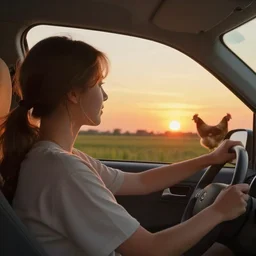 off she goes into the sunset driving chickens in the distance on saturday night