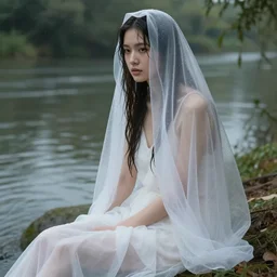 beautiful woman, in a wet transparent white veil, sitting near a river, in a neoclassicism art style