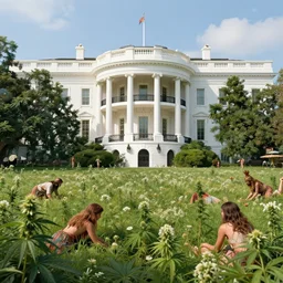a architectural portrait of the white house surrounded in wild blooming cannabis, and hippies crawling from the brush, cg art, fine art, highly detailed, digital painting, cgi, volumetric lighting, sunny atmosphere