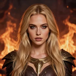 blond girl archfiend at the fiery pits of hell, flawless symmetrical pretty cute face, ana de armas, greg rutkowski, 8 k, shallow depth of field, intricate detail, concept art,