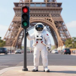 an astronaut waiting at the traffic lights in paris, digital art