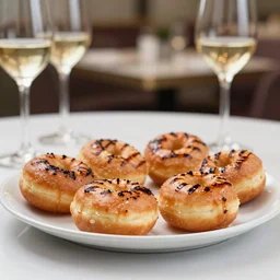 8 5 mm food photography of a plate full of grilled donuts at restaurant with dof and bokeh and wine glasses o