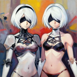 greg manchess portrait painting of 2 b nier automata in a bikini, white long hair, organic painting, sunny day, matte painting, bold shapes, hard edges, street art, trending on artstation, by huang guangjian and gil elvgren and sachin teng