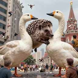 The hedgehog, which has one eye closed because of blood, grabs giant goose by the neck with his left paw. He slams him into one of the buildings of Moscow City,. The building collapses and people fall out. at the same time, the people below, instead of fleeing, bow to the fighting animals by Greg Rutkowski