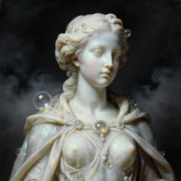 a baroque neoclassicist close - up portrait of a sci - fi marble statue of a beautiful alien girl wearing a cloak with glowing bubbles. iridescent and reflective. foggy black background with dark puffy clouds. highly detailed science fiction painting by norman rockwell, frank frazetta, syd mead and moebius. rich colors, high contrast, gloomy atmosphere, dark background. trending on artstation.