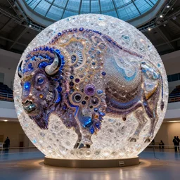 a spherical gymnasium decorated with fractal bison crystals.