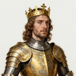 realistic portrait of a man with golden armor and a crown, 1450, ink, ultra realistic, 8k