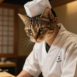 cat sushi chef in a Japanese restaurant, close up photo