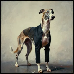 painting of a greyhound in a suit, splash art, cinematic lighting, octane render, 35mm film grain