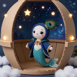 a finely knit bipedal chibi starry night eel mermaid plush doll, wearing peacock feather mage robes with gold accent jewelry, inside a handcrafted cardboard observatory to look at the hand painted night sky full of glittery star stickers and glow in the dark star stickers, adorable, charming, macro camera lens, well lit, cinematic, real life, led lights, cotton clouds