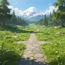 crossroad leading into distant snowy mountain, lush fantasy landscape, artstation, photorealistic