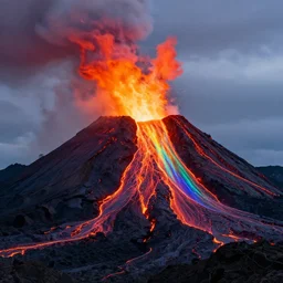 a volcano spewing a magical rainbow lava