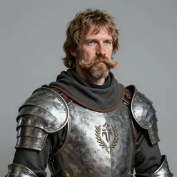 realistic still of a man with a walrus moustache wearing medieval armor. Highly detailed portrait