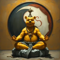 full character of a handsome strong ancient winnie the pooh meditating in the lotus position in front of the yin yang symbol, character design, painting by gaston bussiere, katsuya terada, nc wyeth, greg rutkowski, craig mullins, vermeer, frank frazetta, mucha, tom of finland, trending on artstation, jeffery catherine jones