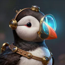 close - up steampunk puffin, lens, electric, neon, highly detailed, intricate, coherent, luminescent, digital painting, artstation, concept art, smooth, sharp focus, illustration, art by artgerm and greg rutkowski and alphonse mucha, 8 k
