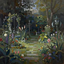 a gorgeous, fantastic, magic garden landscape by michael kidd, lancelot capability brown, trending on artstation, artgerm, acrylic on canvas, muted colors, darker,!! low contrast!!, chillwave