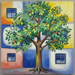 a painting by Hundertwasser of a fruit tree, smooth, sharp, sunny