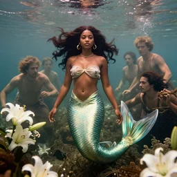 film still, eastman exr 5 0 d 5 2 4 5 / 7 2 4 5, underwater photography full body portrait of a dark skin mermaid haitian goddess, white lilies, daylight, highly detailed, artstation, smooth, sharp focus, warm lighting, illustration, by dmitry laudin by andrei riabovitchev, by peter mohrbacher, by gustave dore