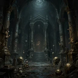 A dark and foreboding dungeon, filled with ancient relics and dark secrets, in the style of Keith Thompson and Zdzislaw Beksinski, Artstation HD, 8k, Surrealistic digital artwork,