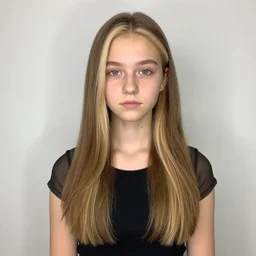 brunette with dyed blonde hair, 18 years old, 155 cm tall, flat ironed hair, green big eyes, small nose, small mouth, diamond shaped face, big forehead, lop eared, full body shot, photorealistic, model, thin eyebrows, faded look