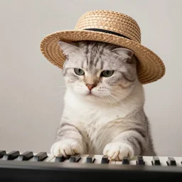 a cat wearing straw hat playing piano