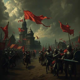 starcraft gameplay in style of hieronymus bosch paintings, painting, gameplay, high detailed, dark fantasy, dark tones, buildings, armored units, red flags, cavalry, rpg, high detailed, contrast, octane render, mill, farm, creative