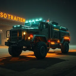 a extreme huge biopunk combat truck, luminescent, rule of thirds, golden ratio, ambient lighting, syd mead, greg rutkowski, wlop, artgerm, artstation, highly detailed masterpiece
