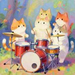 cats playing the drumset vintage 90s anime mixed with pastel impasto cats playing the drums highly rhythmic expressionistic wild anime pleasing palette cats playing the drumset trending on artstation super fluffy funhouse surreal unpredictable wild unexplainable fantasy land you could not have dreamed of cats playing the drumset