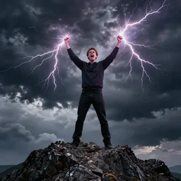 photograph of geert wilders standing victoriously on mountain, shouting, raising both hands, emitting lightning from both hands, atmospheric lighting, dark clouds, sinister
