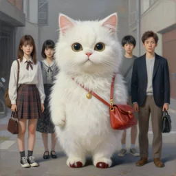 pop surrealism, lowbrow art, realistic cute fluffy white cat painting, japanese street fashion, hyper realism, muted colours, rococo, natalie shau, loreta lux, tom bagshaw, mark ryden, trevor brown style,