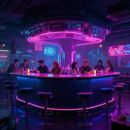 photo environment cyberpunk bar : 4 k, hdr, volume light, concept, studio, matte painting, environment, digital illustration, style cyberpunk 2 0 7 7 artstation, by marcin stepien, by mihai muscan, by marta leydy, by charlotte hughes, by zuzanna dabrowa, neon bioluminescence