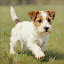 a high quality painting of a very cute scruffy wire haired jack russell terrier puppy, white with chocolate brown spots, brown patches over both eyes. he is running through a field. painting by norman rockwell