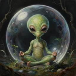 an adorable alien character meditating in a gloomy bubble surrounded by swamp environment. pulp sci - fi art. high contrast. tim hildebrandt, wayne barlowe, bruce pennington, donato giancola, larry elmore, oil on canvas, masterpiece, trending on artstation, featured on pixiv, cinematic composition, dramatic, beautiful lighting, sharp, details, hyper - detailed, hd, hdr, 4 k, 8 k