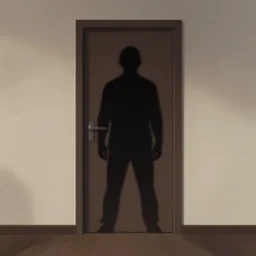 silhouette of an unknown shadow figure on a door from the end of a room, artstation