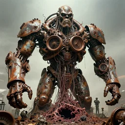 movie still of intricate, sentient, dethroned goliath machine, turbines, hydrocracking, rusted, macerated, eviscerated by fimbria wires, gangrene pit, fungal pit, by liam sharp, alberto bontempi, shigeru komatsuzaki, wayne d barlowe, alex ross, simon bisley & boris vallejo, enric