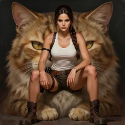 portrait of tough looking Selena Gomez as a muscled Lara Croft sitting on her large giant cat beast, elegant, highly detailed, centered, digital painting, artstation, concept art, artgerm, donato giancola, Joseph Christian Leyendecker, WLOP, Boris Vallejo, Artgerm