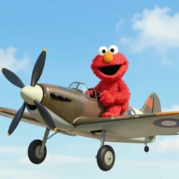 Sesame Streets Elmo piloting a World War 2 Spitfire plane