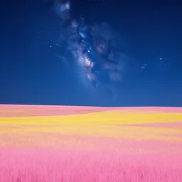 landscape, pink, yellow, blue, hyper realism, stars, night sky, sparkle