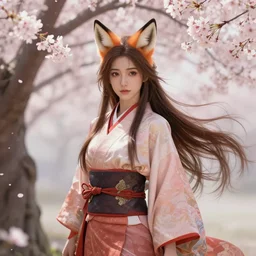 ‘ a league of legends concept art of a young woman with fox ears wearing kimono at a sakura tree, art by cushart krentz and greg rutkowski, 8 k resolution, high quality, highly detailed, long hair, fantasy style, empty background, illustration, hyperrealism, octane render, commission art, trending on artstation, pinterest ’