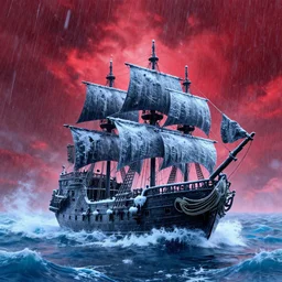 highly detailed stunning images of a frozen black pearl pirate ship in a frozen vibrant psychedelic ocean, half surface ranging through a storm of gigantic waves, epic, dramatic, heavy rain, gorgeous sparkling crimson sky, 8 k, light effect, matte finish by ivan aviazovsky, greg rutkowski, rendering artstation