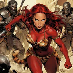 graphic novel cover art, sexy dark red skinned natalie portman with dark red hair and with dark red skin color as a barbarian queen wearing a bikini made from animal furs charging towards her enemy with a look of bloodlust, highly detailed, masterpiece, realistic shadows, focus on facial details, bold lineart