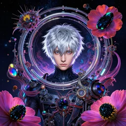 rei ayanami, deep space, seascape, grimes, lain iwakura, silver hair, masterpiece by shikinami asuka langley, technological rings, giygas, cosmos, psychedelic flowers, black opal, rainbow aura quartz, organic, oni compound artwork, of character, render, artstation, portrait, wizard, beeple, art, fantasy, epcot, psychedelic glitchcore
