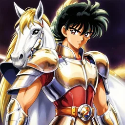close detailed portrait of Pegasus Seiya wearing armor by Masami Kurumada, Fujiko F. Fujio