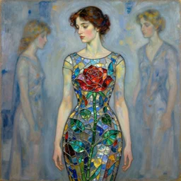 beautiful woman wearing a dress made from stained glass in the design of a rose. painting by paul lehr and greg rutkowski and ilya kuvshinov