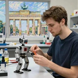this young man with brown hair and short beard building a robot in his lab with a view to berlin by monet - n 9