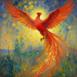the solarpunk phoenix, red bird, regeneration, landscape, volumetric light, bokeh, painting by greg rutkowski by alphonse mucha
